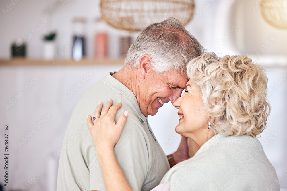 Happy, love and face of senior couple dance at home with trust, care and security, bond and laugh. Retirement, romance and excited man elderly man with woman hug with intimacy, support or security