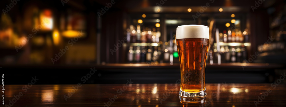 Pilsner glass of light beer on bar table in a dark pub with copy space. Generative AI