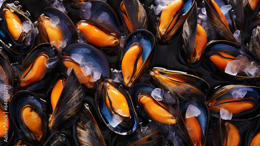 Raw Mussels on ice in the restaurant . Fresh seafood shellfish background. Generative AI