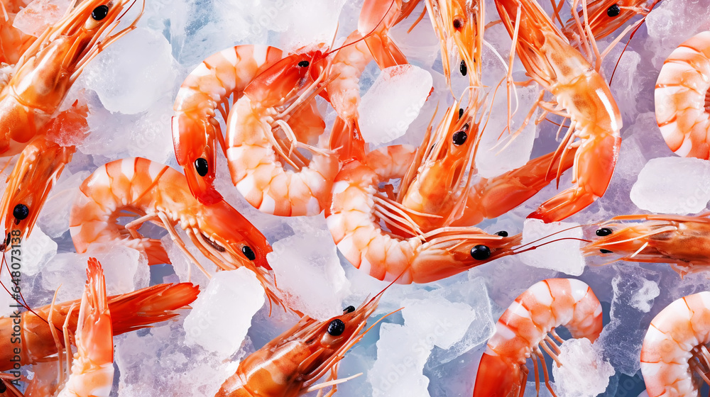 Top view of raw whole shrimps on ice. Seafood background. Generative AI