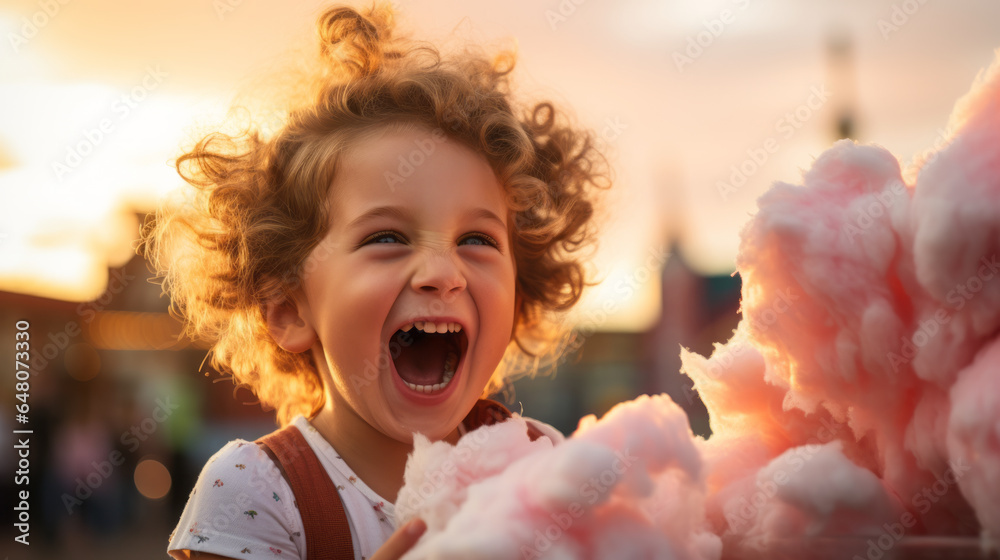 Happy child face portrait with pink cotton candy floss in hands and warm sunset light