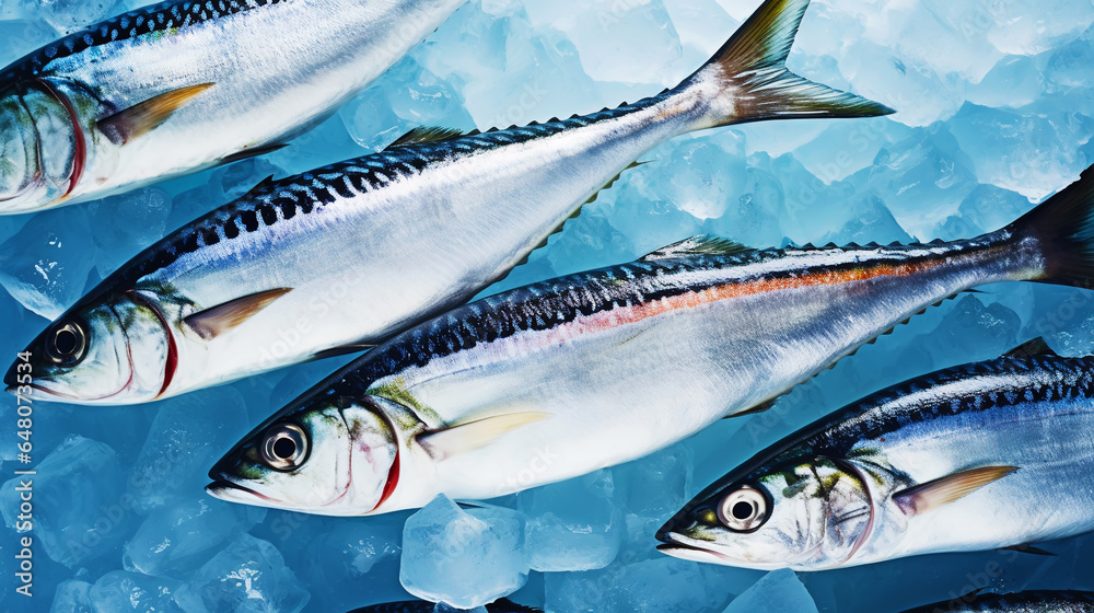 Fresh mackerel fish (Scomber scrombrus) on ice. Seafood background. Generative AI