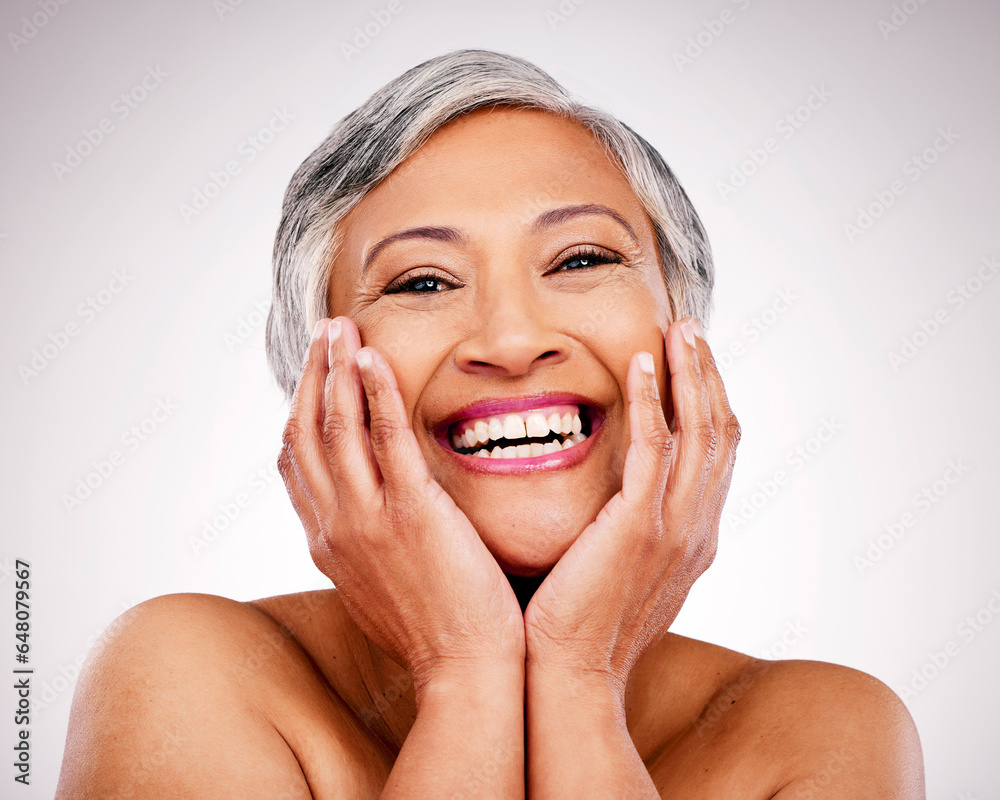 Happy senior woman, portrait and skincare in makeup or cosmetics against a studio background. Face of mature female person smile in happiness for healthy, perfect or soft skin from facial treatment