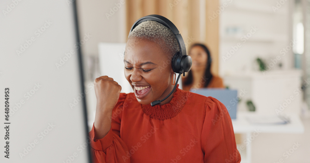 Winner, success and target with a black woman in a call center for customer service or support. Wow, motivation and celebration with a young employee consulting in a crm or telemarketing office