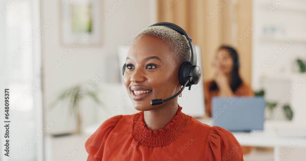 Call center, black woman and online consulting in office for CRM questions, FAQ contact and IT support. Happy telemarketing agent at computer for sales advisory, telecom solution or offer client help