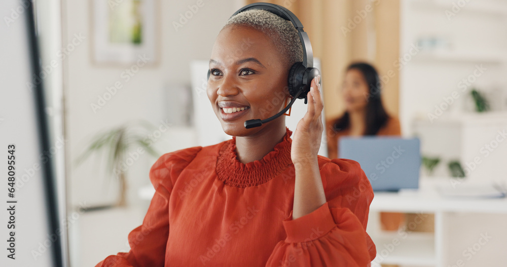 Call center, black woman and communication at computer in office for CRM questions, FAQ contact and IT support. Happy telemarketing agent at desktop for sales advisory, telecom solution or consulting