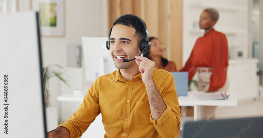 Call center, man and communication at computer in office for CRM questions, FAQ contact and IT support. Happy telemarketing agent at desktop for sales advisory, telecom solution and consulting client