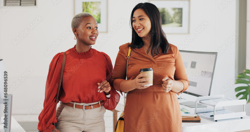 Business people, walking and happy conversation in an office with coffee, smile or friendly chat. Work, friends and women with diversity, discussion or gossip, news or project, idea or communication