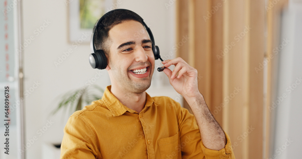 Call center, man and consulting at computer with smile for CRM questions, FAQ contact and IT support. Happy telemarketing agent, salesman and communication of telecom advisory, solution and help desk