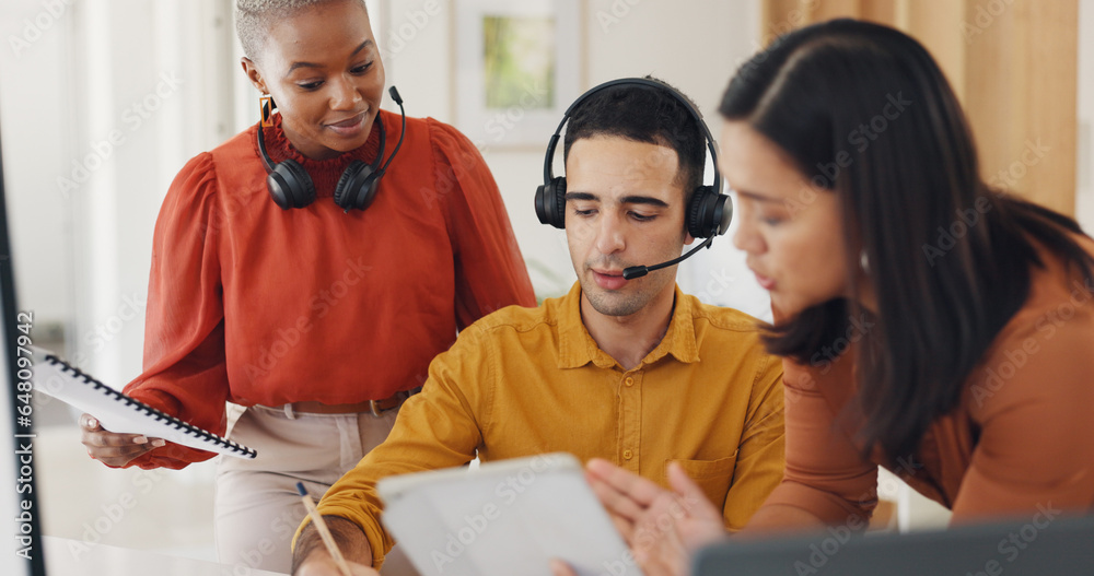 Documents, call center or telemarketing team training with sales consultants for customer support. Diversity, teamwork or woman teaching in conversation for crm management, coaching or education