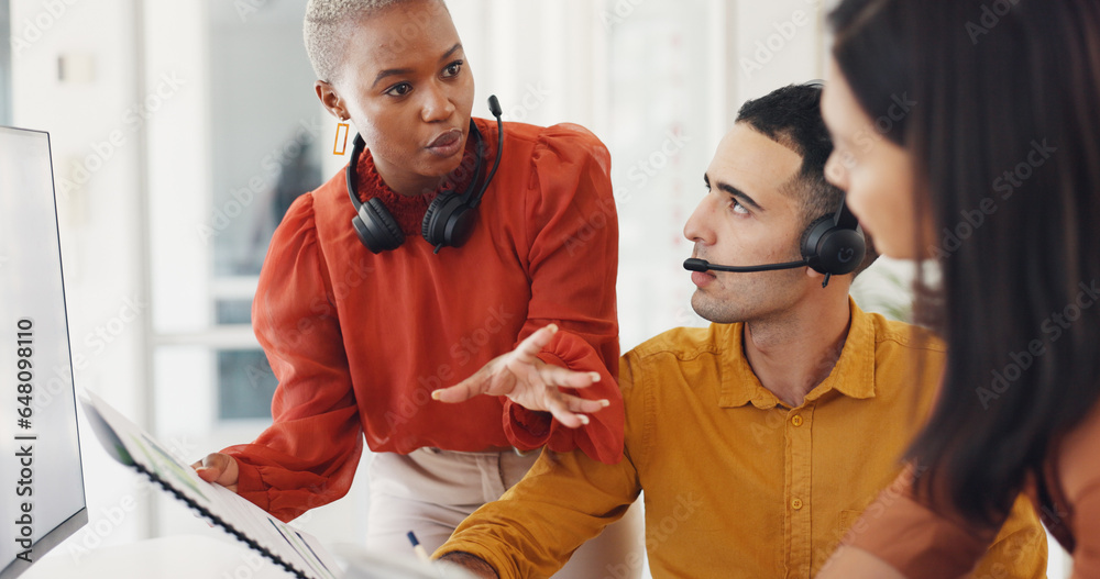 Documents, woman or call center team training with sales consultants for customer support. Diversity, teamwork or leader teaching in conversation for telecom or crm management, coaching or education