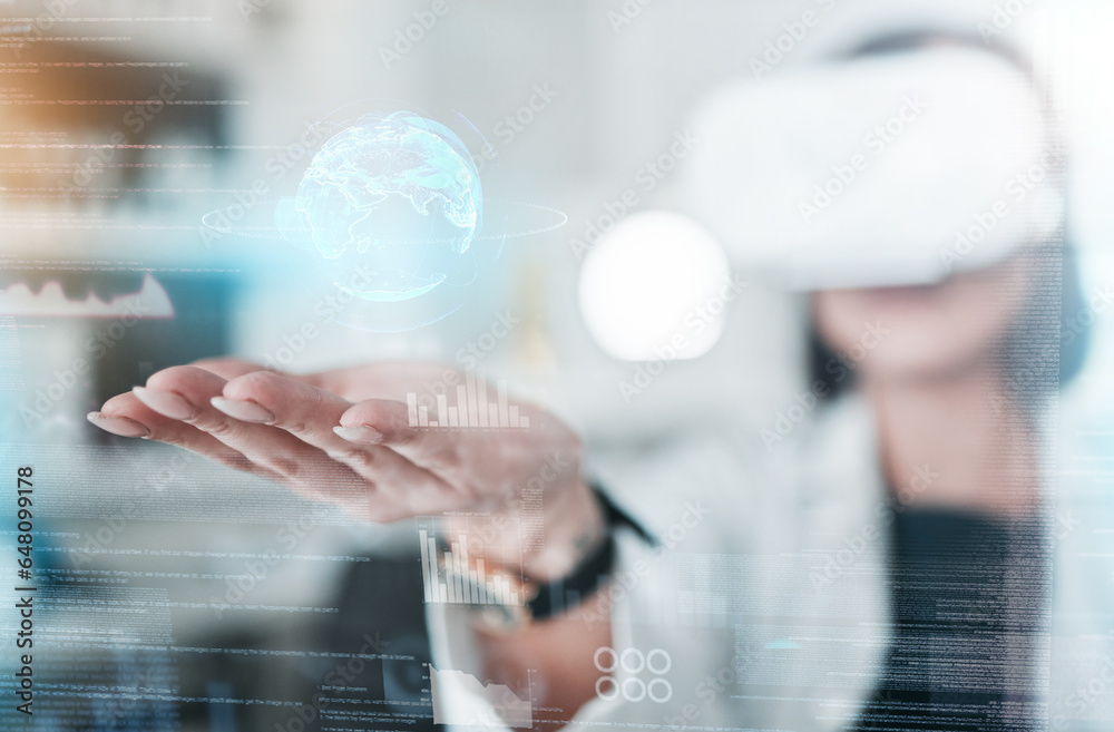 Virtual reality, overlay and hands of scientist in laboratory with globe, digital transformation and medical research on hologram. Woman, global network and futuristic vr with web innovation for work