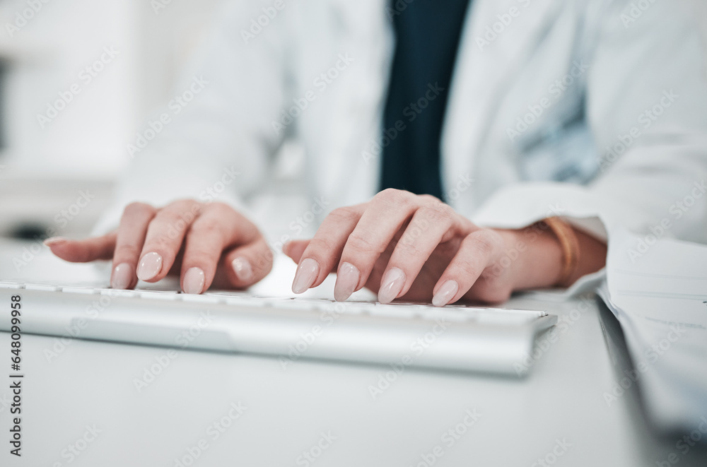 Keyboard, person hands and typing closeup with manicure, hospital and clinic work at computer and desk. Medical research, working and professional report with email and online for work and doctor job