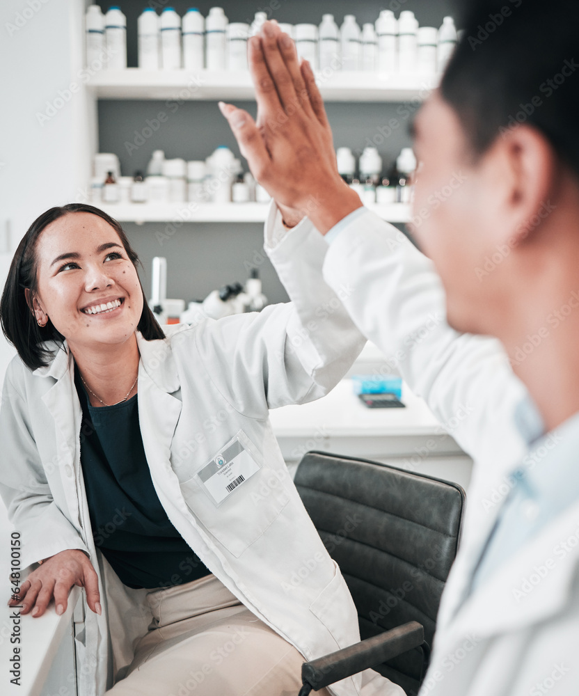 Science, research and man with woman, high five and support with achievement, cooperation and congratulations. Coworkers, happy scientist or mentor with hand gesture, medical or success with teamwork