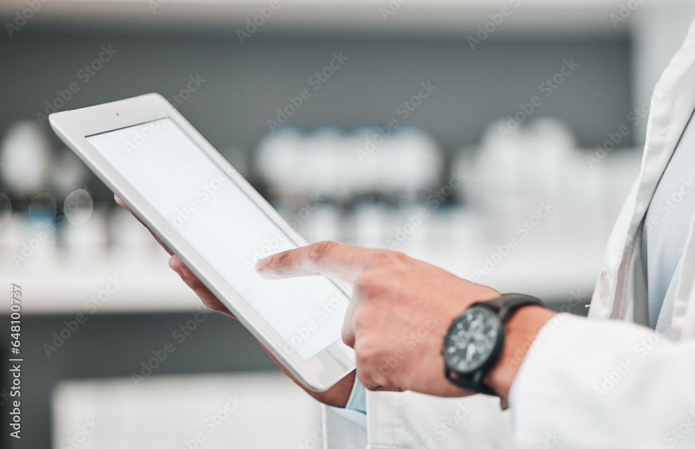 Tablet, pharmacy and hands of person with mockup space for advertising, wellness app and telehealth. Healthcare, pharmaceutical and worker on digital tech for medical service, medicine and research