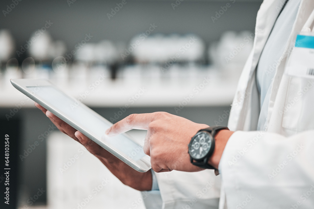 Tablet, pharmacy and hands of scientist with mockup space for advertising, wellness app and telehealth. Healthcare, pharmaceutical and worker on digital tech for medical service, medicine or research