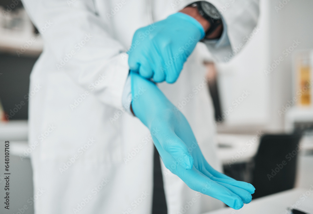 Hands, science and gloves for safety with a person in a laboratory for research or innovation closeup. Healthcare, medical and a scientist in a lab for analysis, development or discovery in medicine