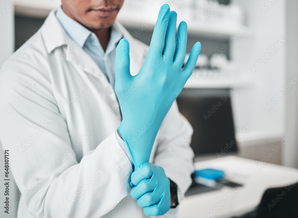 Hands, science and gloves for healthcare with a person in a laboratory for research or innovation closeup. Safety, medical and a scientist in a lab for analysis, development or discovery in medicine