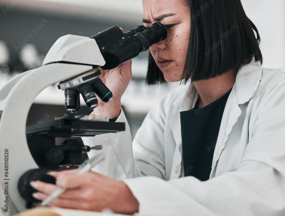 Science, check microscope and Asian woman in laboratory for research, medical analysis and study. Biotechnology, healthcare and scientist focus with equipment for innovation, sample and DNA test