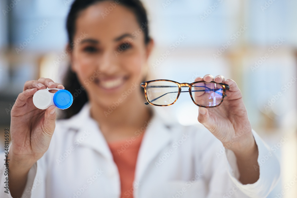 Hands, glasses and contact lenses, woman with choice of eye care and help with optometry, vision and healthcare closeup. Doctor, frame and lens container with decision, advice and ophthalmologist