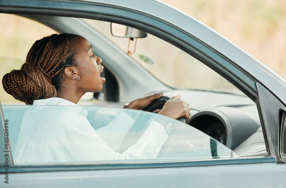 Angry, car or black woman on road in traffic jam on commute journey with stress, anxiety or worry. Travel, frustrated or late driver in motor vehicle transportation screaming for attention or driving