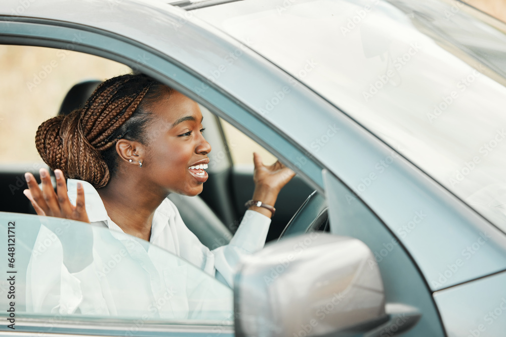 Frustrated, car or black woman on road in traffic jam on commute journey with stress, anxiety or worry. Travel, stuck or late driver in motor vehicle transportation screaming for attention or driving