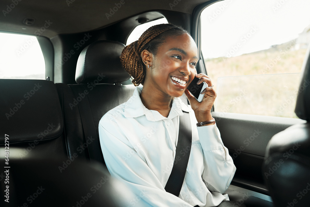 Smile, phone call and a business black woman a taxi for transport or ride share on her commute to work. Mobile, contact and a happy young employee in the backseat of a cab for travel as a passenger