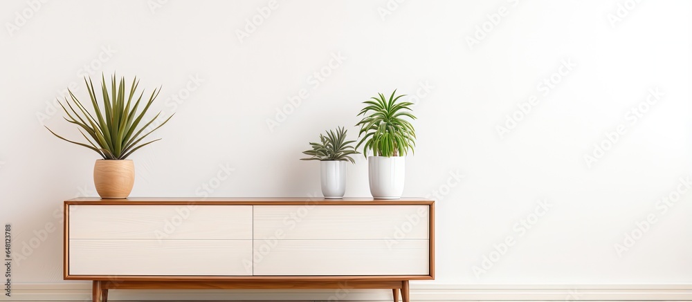 Succulent in flowerpot on wooden commode in Scandinavian style room