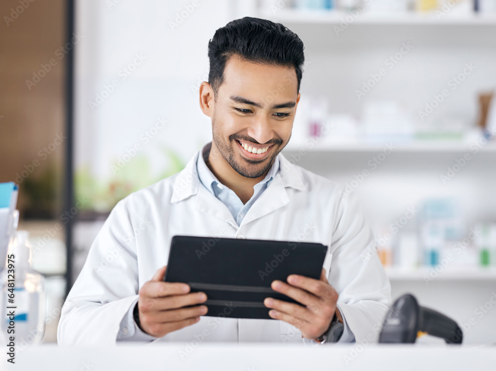 Man in pharmacy with tablet, checklist and medicine on website with online info. Pharmacist, digital app and inventory stock research with check for pharmaceutical drugs, telehealth or healthcare.