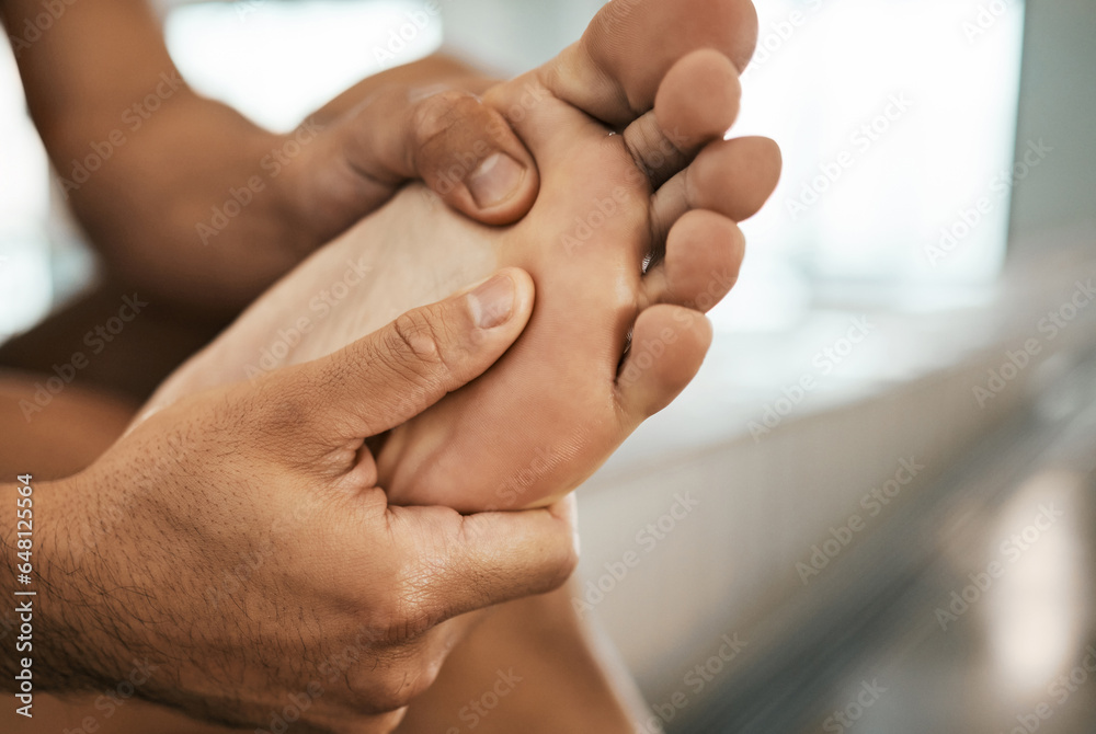 Hands, foot pain and massage with a person in physiotherapy to recover from injury or accident. Rehabilitation, first aid or fitness with athlete closeup and accident for physical and emergency