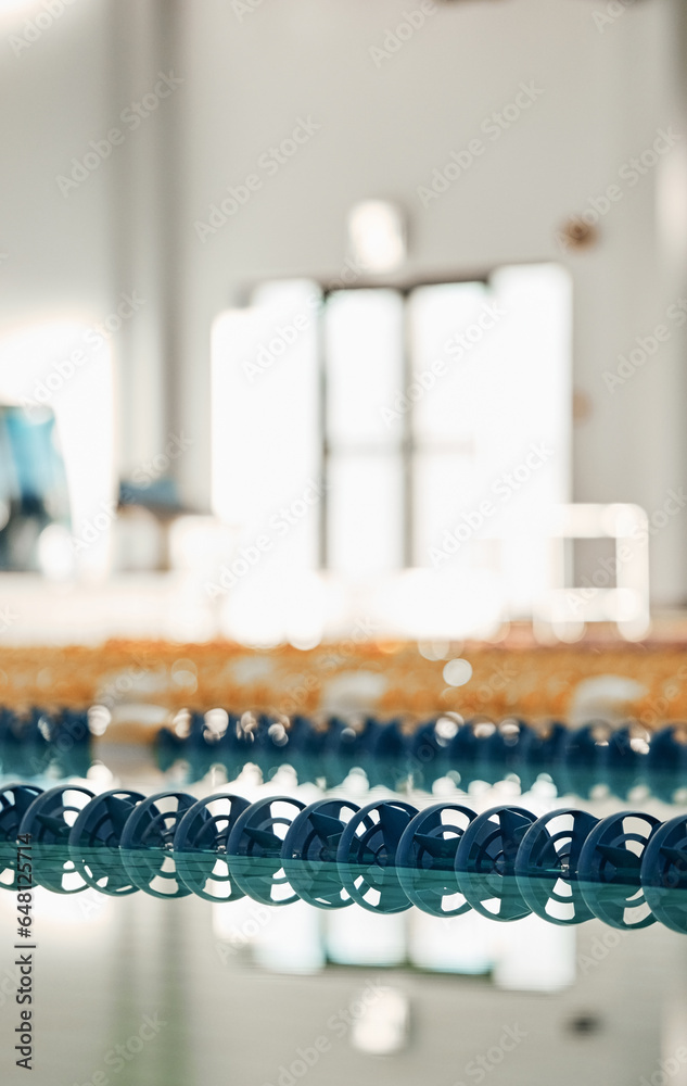 Swimming pool, sport lane lines and plastic water divider for workout and training race in gym. Sports, fitness and exercise for competition in a health, wellness and club equipment for game