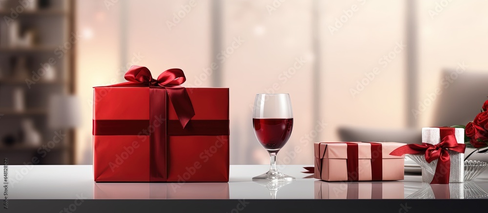 Red gift boxes on table with wineglass in living room Red boxes and wineglass on table in living room