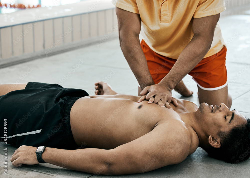 Cpr, first aid and rescue with people at swimming pool for healthcare, emergency and safety. Paramedic, helping and medical with lifeguard saving man for breathing, danger and drowning accident