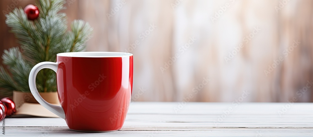 White kitchen with red mug background blurred