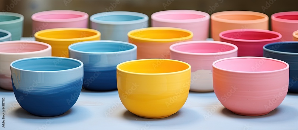 Vibrant pottery blue yellow and pink cups and bowls