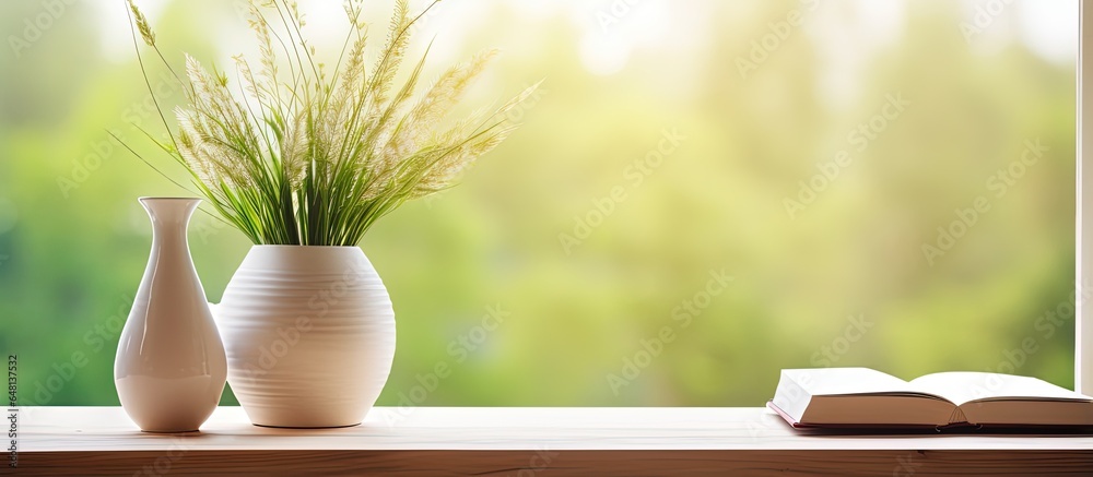 Wooden desk with book and vase of grass by window Space for writing