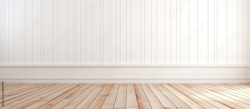 White wooden textured wall and brown wooden floor in an empty room suitable for a backdrop or background