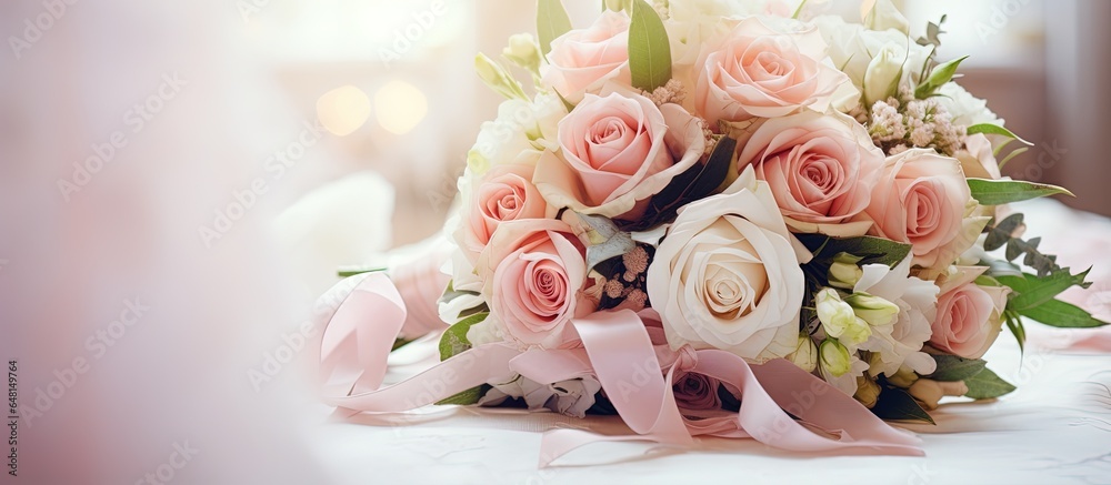 Selective focus on the bride s morning details wedding bouquet with roses and other flowers in the interior