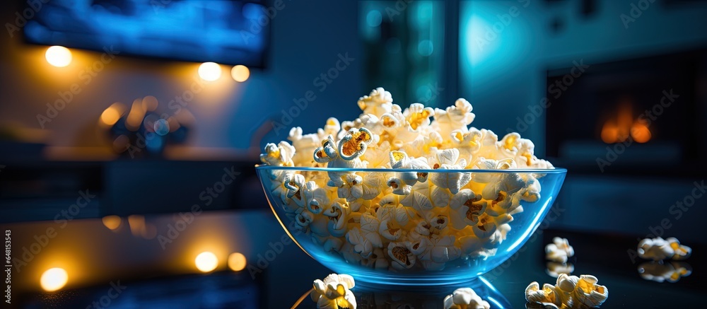 Watching movies and TV shows comfortably at home with a glass bowl of popcorn and blue neon lighting