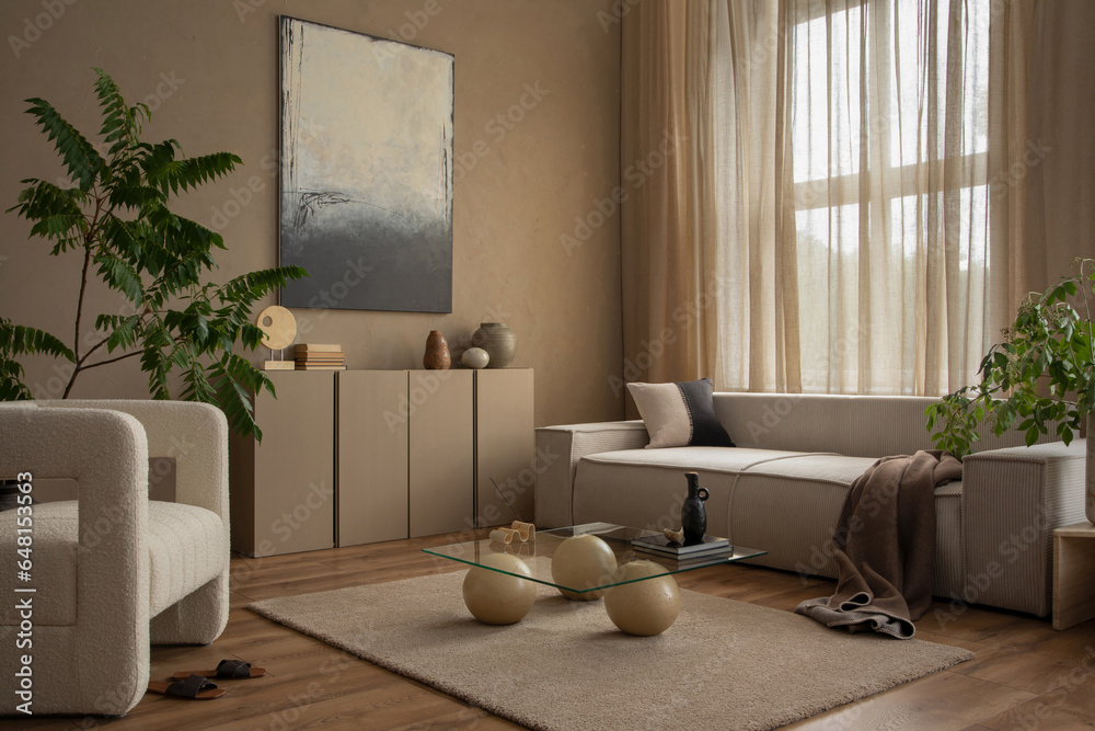 Warm and cozy composition of living room interior with mock up poster frame modular sofa, white armchair, stylish coffee table, plants, beige curtain and personal accessories. Home decor. Template. 