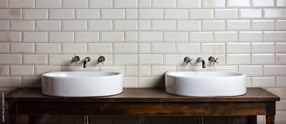 White sinks against tiled backdrop