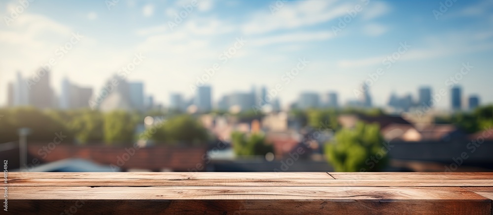 Selected focus empty wooden table and brick wall with blue sky blur background perfect for product display montage