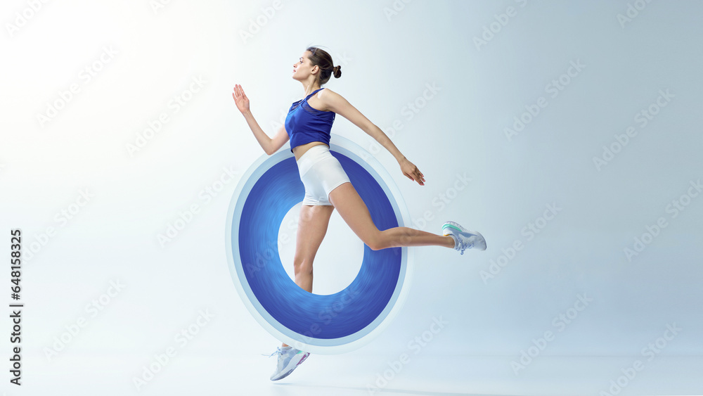 Athletic young woman training, doing workout, running on gradient background with abstract elements. Contemporary art collage. Concept of sport, creativity, action and motion, health. Creative design