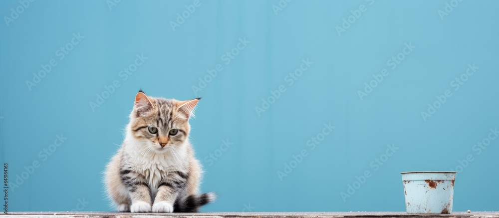 Scottish straight cat resting on painting supplies while painting a wall