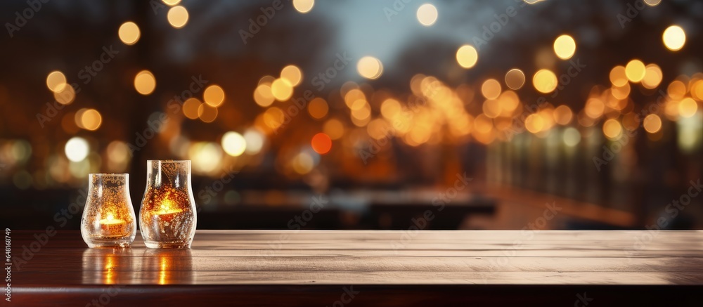 Wooden table with blurred background in a restaurant suitable for product display or montage purposes