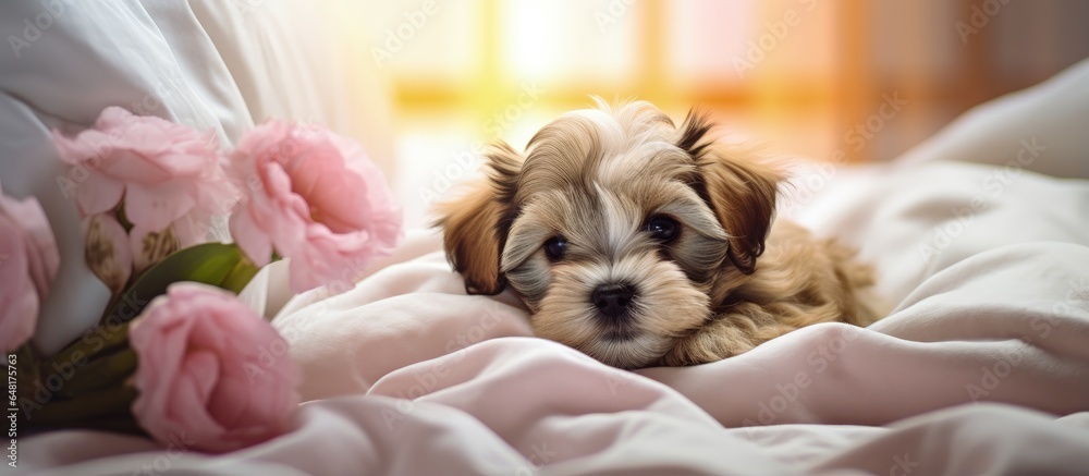 Shih tzu puppy resting on a bed covered in white sheets representing pets