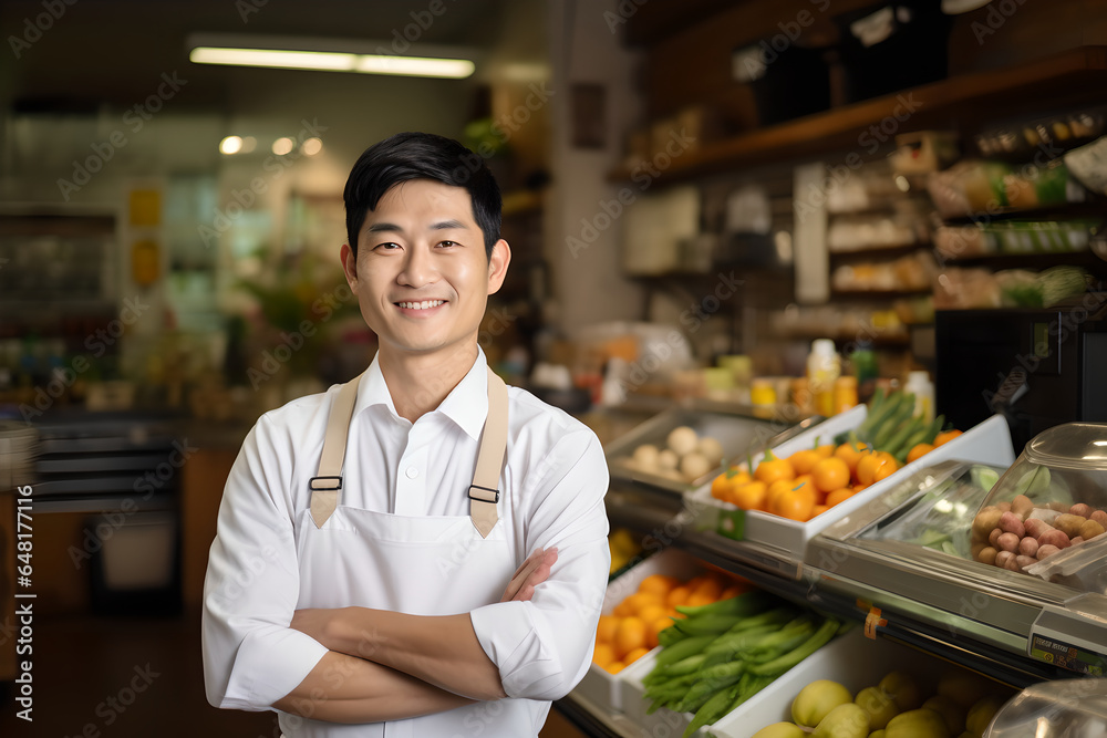 Portrait of happy asian male shopkeeper standing in a grocery store pose crossed his arms, smiling business owner standing confident in his grocery store