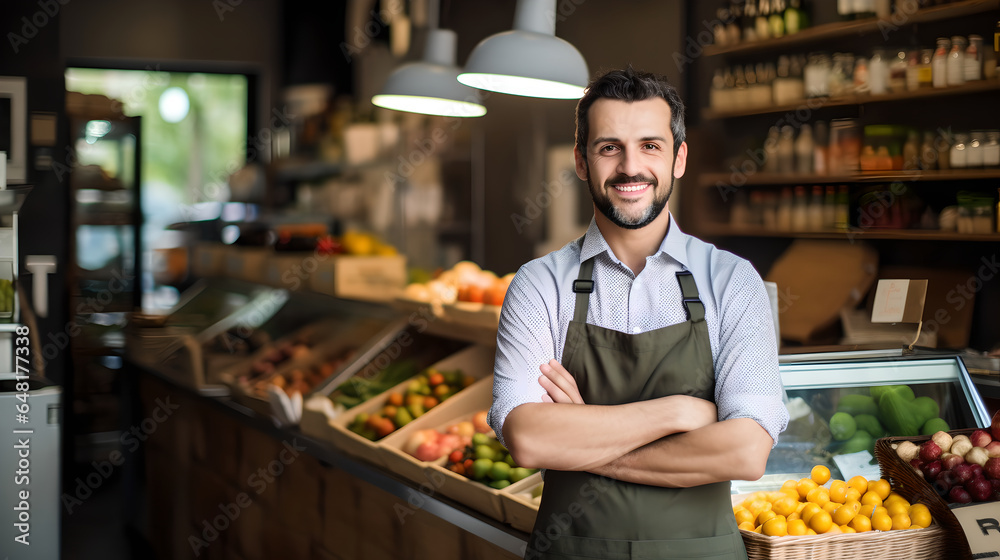 Portrait of happy male shopkeeper standing in a grocery store pose crossed his arms