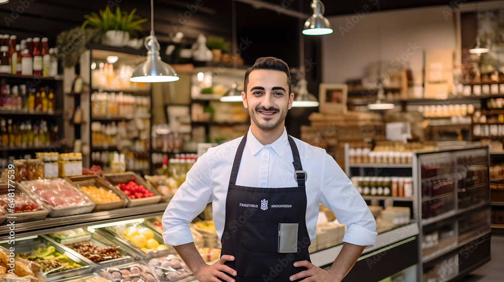 Portrait of happy male shopkeeper standing in a grocery store pose crossed his arms