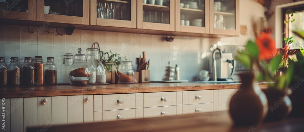 Retro filtered Modern Kitchen Room interior with blurry image